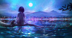 Rule 34 | 00, 1girl, barefoot, black hair, blurry, branch, bug, cat, city, city lights, cityscape, cloud, colorful, dark, depth of field, dragonfly, full moon, highres, bug, looking afar, moon, moonlight, mountain, night, nightgown, original, reflection, scenery, short hair, sitting, sky, solo, water