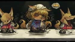 Rule 34 | 1girl, aburaage, black background, blonde hair, bored, chopsticks, elbow rest, food, fork, fox, furry, furry female, hat, head rest, knife, koto inari, letterboxed, long sleeves, mob cap, multiple tails, plate, rabbit, ribbon, sad, short hair, steam, table, tail, thought bubble, tofu, touhou, yakumo ran, yakumo ran (fox)