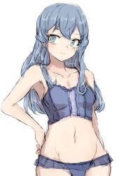 Rule 34 | 1girl, alchera, blue eyes, blue hair, blue panties, breasts, bustier, cleavage, cowboy shot, gotland (kancolle), kantai collection, lingerie, long hair, medium breasts, mole, mole under eye, panties, simple background, solo, underwear, underwear only, white background