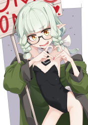 Rule 34 | 1girl, bare shoulders, black leotard, blunt bangs, blush, braid, breasts, commentary request, contrapposto, cowboy shot, detached collar, elf, fang, glasses, green hair, green jacket, grey background, heart, heart hands, highres, holding, holding sign, jacket, leotard, looking at viewer, medium hair, nervous smile, nervous sweating, ogami kazuki, open clothes, open jacket, original, playboy bunny, pointy ears, side braids, sign, simple background, small breasts, smile, solo, strapless, strapless leotard, sweat, thick eyebrows, twin braids, yellow eyes