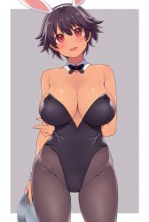 Rule 34 | 1girl, amane hasuhito, animal ears, bare shoulders, black bow, black bowtie, black hair, black pantyhose, bow, bowtie, breasts, cleavage, commentary request, dark-skinned female, dark skin, detached collar, fake animal ears, fingernails, highres, large breasts, leotard, looking at viewer, original, pantyhose, playboy bunny, rabbit ears, red eyes, short hair, solo