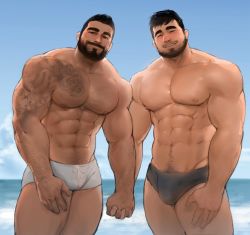 Rule 34 | 2boys, abs, arm hair, arm tattoo, bara, bare pectorals, beach, black hair, blush, bulge, chest hair, chest tattoo, clear sky, couple, day, dopey (dopq), feet out of frame, green male swimwear, highres, holding hands, interlocked fingers, large pectorals, looking at viewer, male focus, male pubic hair, male swimwear, mature male, multiple boys, muscular, muscular male, navel, navel hair, nipples, original, pectorals, pubic hair, pubic hair peek, short hair, sideburns, sky, smile, stomach, swim briefs, tattoo, thick eyebrows, thick thighs, thighs, white male swimwear, yaoi