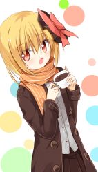 Rule 34 | 1girl, alternate costume, blonde hair, coat, coffee cup, cup, disposable cup, hair ribbon, long sleeves, looking at viewer, open clothes, open coat, open mouth, red eyes, ribbon, rumia, scarf, shirt, skirt, solo, touhou, yuuhagi (amaretto-no-natsu)