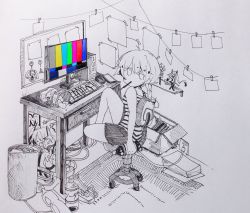 Rule 34 | 1girl, arm at side, blouse, bottle, box, breasts, cable, cellphone, charm (object), chips (food), collared shirt, commentary, computer, computer tower, desk, figure, food, from side, full body, greyscale, hair between eyes, hair ornament, hatsune miku, holding, holding bottle, keyboard, knee up, looking at viewer, monochrome, mouse (computer), necktie, no pupils, original, outo eguchi, paper, phone, photo (medium), pocky, poster (object), potato chips, power strip, rug, shelf, shirt, shooting star, shorts, sitting, sleeveless, sleeveless shirt, small breasts, smartphone, solo, spot color, striped clothes, striped shirt, swivel chair, trash can, vocaloid, x hair ornament