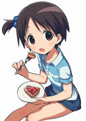 Rule 34 | 1girl, asada hachi, banned artist, blouse, blue shirt, blue shorts, brown eyes, brown hair, cake, cake slice, commentary, food, fork, fruit, hair bobbles, hair ornament, hand up, highres, holding, holding fork, holding plate, ichigo mashimaro, invisible chair, itou chika, looking at viewer, open mouth, plate, shirt, short sleeves, shorts, side ponytail, simple background, sitting, solo, strawberry, twitter username, watermark, white background