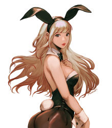 Rule 34 | 1girl, animal ears, ass, bare shoulders, bow, bowtie, breast suppress, breasts, brown eyes, brown pantyhose, bunny day, cowboy shot, detached collar, fake animal ears, fake tail, hair spread out, hairband, large breasts, leotard, lipstick, long hair, looking at viewer, makeup, muraicchi (momocchi), original, pantyhose, parted lips, playboy bunny, rabbit ears, rabbit tail, side-tie leotard, solo, strapless, strapless leotard, tail, untied, white background, wrist cuffs