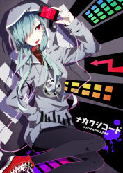 Rule 34 | 1girl, aqua hair, bad id, bad pixiv id, digital media player, hair over one eye, hand in pocket, holding digital media player, hood, hoodie, kagerou project, kido tsubomi, long hair, mekakushi code (vocaloid), merlusa, pantyhose, red eyes, shoes, sneakers, solo, tongue, vocaloid