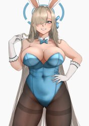 Rule 34 | 1girl, absurdres, animal ears, aqua leotard, asuna (blue archive), asuna (bunny) (blue archive), black pantyhose, blue archive, blue bow, blue bowtie, blue eyes, blue leotard, bow, bowtie, braid, braided bun, breasts, covered navel, cowboy shot, detached collar, fake animal ears, gloves, hair bun, hair over one eye, hair ribbon, halo, hand on own hip, highleg, highleg leotard, highres, large breasts, leotard, light brown hair, looking at viewer, mole, mole on breast, mori makoto, official alternate costume, pantyhose, playboy bunny, rabbit ears, ribbon, solo, strapless, strapless leotard, swept bangs, thighband pantyhose, traditional bowtie
