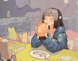 Rule 34 | 1girl, animal, blue jacket, blush, bottle, bowl, brown hair, cat, cat hair ornament, chair, chopsticks, collarbone, cup, dobunomeme, drinking, eating, elbows on table, fingernails, fish, food, hair ornament, highres, holding, holding animal, holding cup, jacket, ladder, liquid, looking at another, medium hair, menu, octopus, original, paper, pet bowl, scratches, sitting, spill, table, water, yellow eyes