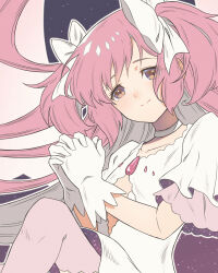 Rule 34 | 1girl, bow, choker, closed mouth, commentary request, dress, frilled sleeves, frills, gloves, hair bow, highres, kaname madoka, knee up, looking at viewer, mahou shoujo madoka magica, mahou shoujo madoka magica (anime), own hands clasped, own hands together, pink thighhighs, short sleeves, smile, solo, taku hanamiyap, thighhighs, two side up, ultimate madoka, upper body, white bow, white choker, white dress, white gloves, wide sleeves, wings, yellow eyes, zettai ryouiki