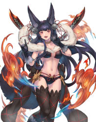 Rule 34 | 1girl, :d, bell, black bra, black gloves, black hair, black panties, bra, breasts, brown thighhighs, cleavage, collarbone, fang, floating hair, gloves, granblue fantasy, groin, hair bell, hair ornament, hair ribbon, highres, long hair, looking at viewer, medium breasts, navel, open mouth, panties, red eyes, red ribbon, ribbon, shimatani azu, simple background, smile, solo, standing, strapless, strapless bra, thigh gap, thighhighs, underwear, very long hair, white background, yuel (granblue fantasy)