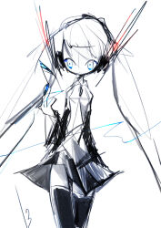 Rule 34 | 13 31n, 1girl, abstract, arm at side, closed mouth, collared shirt, cowboy shot, detached sleeves, hand up, hatsune miku, headphones, highres, limited palette, long hair, looking to the side, musical note, necktie, shirt, signature, simple background, skirt, sleeveless, sleeveless shirt, solo, straight-on, thighhighs, twintails, very long hair, vocaloid, wind, wind lift