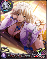 Rule 34 | 1girl, black bra, bow, bra, braid, breasts, card (medium), chess piece, cleavage, female focus, grayfia lucifuge, grey eyes, grey hair, hair bow, high school dxd, large breasts, lingerie, lipstick, long hair, looking at viewer, lying, maid headdress, makeup, matching hair/eyes, nurse, official art, panties, queen (chess), red lips, side-tie panties, smile, stethoscope, tagme, twin braids, underwear, window