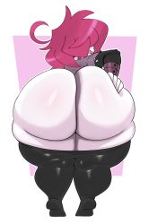 Rule 34 | 1girl, absurdres, ahoge, ass, bent over, black pants, boots, butt crack, clothes pull, eric lowery, from behind, gaz membrane, hair over eyes, hand on own ass, highres, huge ass, invader zim, medium hair, pants, pants pull, pink hair, smile, solo, thick thighs, thighs, tight clothes, tight pants, wide hips