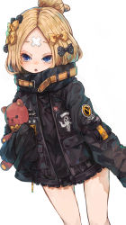 Rule 34 | 1girl, :o, abigail williams (fate), abigail williams (traveling outfit) (fate), black bow, black jacket, blonde hair, blue eyes, blush, bow, commentary request, fate/grand order, fate (series), hair bow, hair bun, heroic spirit traveling outfit, highres, holding, holding stuffed toy, jacket, long hair, long sleeves, looking at viewer, multiple hair bows, nyucha, official alternate costume, orange bow, parted bangs, polka dot, polka dot bow, simple background, single hair bun, sleeves past fingers, sleeves past wrists, solo, stuffed animal, stuffed toy, teddy bear, white background