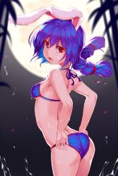 Rule 34 | 1girl, adapted costume, adjusting clothes, adjusting panties, adjusting swimsuit, animal ears, arched back, armpits, ass, backlighting, bad id, bad pixiv id, bamboo, bare arms, bare shoulders, bikini, blue bikini, blue hair, blurry, blush, braid, breasts, covered erect nipples, cowboy shot, depth of field, from side, full moon, hair ribbon, halterneck, halterneck, highres, long hair, looking at viewer, looking to the side, low twintails, moon, open mouth, panties, rabbit ears, red eyes, red ribbon, ribbon, seiran (touhou), small breasts, solo, sweat, swimsuit, touhou, tress ribbon, twintails, underwear, wet, yonaga (masa07240)