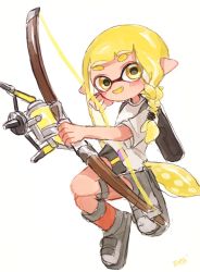 Rule 34 | 1girl, agent 3 (splatoon 3), black shorts, blonde hair, bow, bow (weapon), fang, full body, hairband, highres, holding, holding bow (weapon), holding weapon, ink tank (splatoon), inkling, inkling girl, inkling player character, long hair, looking at viewer, nagii1203, nintendo, open mouth, pointy ears, shirt, shoes, short shorts, short sleeves, shorts, simple background, smile, splatoon (series), splatoon 3, weapon, white background, white footwear, white shirt, yellow eyes