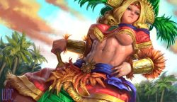 Rule 34 | 1girl, abs, aztec, blonde hair, breasts, fate/grand order, fate (series), from below, green eyes, headdress, jewelry, lips, midriff, muscle, muscular, muscular female, outdoors, quetzalcoatl (fate), skirt, solo, sword, ujac, underboob, weapon