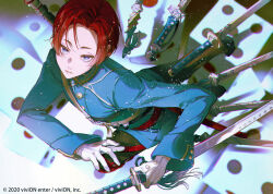 Rule 34 | 1boy, blue eyes, clock over orquesta, clothing request, gloves, highres, holding, holding sword, holding weapon, long sleeves, male focus, official art, ponponpananda, red hair, sakaki yairo, short hair, solo, sword, weapon, white background, white gloves