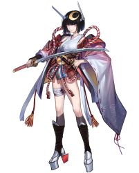 Rule 34 | 1girl, bandaged leg, bandages, black hair, blood, bloody bandages, character request, crescent, crescent hair ornament, full body, hair ornament, highres, holding, holding sword, holding weapon, katana, looking at viewer, pink hair, qiongsheng, scabbard, sheath, sheathed, short hair, simple background, solo, standing, sword, traditional clothes, warship girls r, weapon, white background, wide sleeves