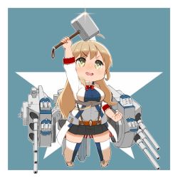 Rule 34 | 1girl, ahoge, bad id, bad pixiv id, black skirt, blonde hair, breasts, capriccyo, chibi, clenched hand, green eyes, holding, long hair, looking up, missouri (warship girls r), mjolnir (marvel), open mouth, rigging, simple background, skirt, smile, solo, star (symbol), thighhighs, thor (marvel), turret, warship girls r
