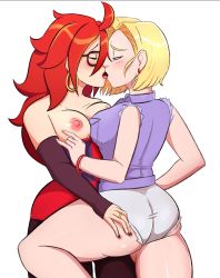 Rule 34 | 2girls, android, android 18, android 21, ass, bangle, black-framed eyewear, black nails, blonde hair, blue eyes, blush, bracelet, breasts, breasts out, clothes pull, cowboy shot, curvy, cutoffs, dragon ball, dragon ball fighterz, dragonball z, dress, earrings, eyebrows, closed eyes, female focus, french kiss, hip focus, hoop earrings, jewelry, kiss, leg up, long hair, looking at another, medium breasts, multicolored clothes, multicolored dress, multiple girls, nail polish, nipples, no bra, open mouth, purple sleeves, red hair, ring, shirt, shirt pull, short hair, short shorts, shorts, simple background, sleeveless, sleeveless shirt, sleeves past wrists, small breasts, standing, standing on one leg, strapless, strapless shirt, thick thighs, thighs, tongue, tongue out, white background, wide hips, yuri