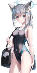 Rule 34 | 1girl, absurdres, alter (kxk7357), animal ear fluff, animal ears, bag, bare shoulders, blue archive, blue eyes, blue one-piece swimsuit, blush, breasts, collarbone, commentary, covered navel, cross hair ornament, duffel bag, extra ears, grey hair, hair ornament, halo, highleg, highleg swimsuit, highres, looking at viewer, medium breasts, medium hair, multicolored clothes, multicolored swimsuit, one-piece swimsuit, shiroko (blue archive), shiroko (swimsuit) (blue archive), short ponytail, sidelocks, solo, swimsuit, thighs, wolf ears