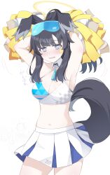 Rule 34 | 2girls, animal ears, armpits, arms up, doodle sensei (blue archive), blue archive, blush, breasts, cheerleader, cleavage, collar, commentary request, dog ears, dog tail, embarrassed, goggles, goggles on head, hibiki (blue archive), hibiki (cheer squad) (blue archive), highres, hoshino ouka, looking at viewer, medium breasts, millennium cheerleader outfit (blue archive), multiple girls, official alternate costume, open mouth, pom pom (cheerleading), sensei (blue archive), simple background, solo, tail, white background, yuuka (blue archive), yuuka (track) (blue archive)