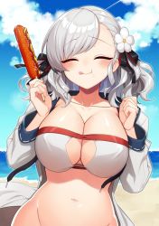 Rule 34 | 1girl, ^ ^, bare shoulders, beach, bikini, black ribbon, blue sky, blush, bottomless, breasts, center opening, cleavage, closed eyes, cloud, collarbone, day, eating, facing viewer, food, full mouth, girls&#039; frontline, groin, hair ornament, hair ribbon, hands up, highres, holding, holding food, jacket, kinsenka momi, large breasts, long hair, navel, ocean, official alternate costume, open clothes, open jacket, out-of-frame censoring, outdoors, ribbon, sand, sausage, silver hair, sky, smile, solo, spas-12 (girls&#039; frontline), spas-12 (midsummer fruit) (girls&#039; frontline), sweat, swimsuit, tongue, tongue out, twintails