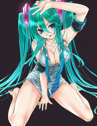 Rule 34 | 1girl, arm support, arm up, armband, bad id, bad pixiv id, barefoot, black background, breasts, covered erect nipples, green hair, hatsune miku, highres, long hair, medium breasts, necktie, no pants, panties, revision, sasaki shou, sitting, solo, striped clothes, striped panties, twintails, underwear, very long hair, vocaloid, wariza