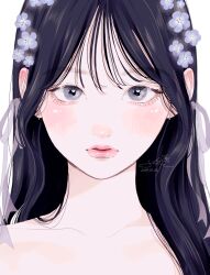 Rule 34 | 1girl, artist name, black hair, blue flower, blush, closed mouth, collarbone, dated, earrings, flower, grey eyes, hair between eyes, hair flower, hair ornament, highres, jewelry, long hair, looking at viewer, original, portrait, sidelocks, signature, simple background, solo, white background, yoshino ganko