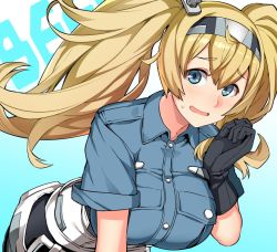 Rule 34 | 1girl, black gloves, blonde hair, blue eyes, blue shirt, breast pocket, breasts, collared shirt, cowboy shot, gambier bay (kancolle), gloves, hairband, kantai collection, large breasts, leaning forward, looking at viewer, multicolored clothes, open mouth, pocket, shirt, shorts, solo, tsukinami kousuke, twintails, two-tone background