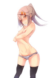 Rule 34 | 1girl, bad id, bad pixiv id, black panties, black thighhighs, blush, breasts, embarrassed, fu-ta, light brown hair, long hair, looking at viewer, nipples, original, panties, ponytail, simple background, small breasts, solo, striped clothes, striped panties, thighhighs, topless, underwear, underwear only, usami taiga, white background, yellow eyes