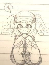 Rule 34 | 1girl, barefoot, blunt bangs, cameltoe, foot focus, highres, lined paper, looking at viewer, monochrome, nintendo, sitting, sketch, solo, splatoon (series), tagme, thick eyebrows