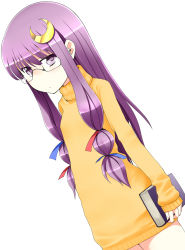 Rule 34 | 1girl, bad id, bad pixiv id, bespectacled, book, bottomless, crescent, crescent hair ornament, flat chest, glasses, hair ornament, hair ribbon, kamata yuuya, long hair, long sleeves, naked sweater, patchouli knowledge, purple eyes, purple hair, ribbon, sleeves past wrists, solo, sweater, touhou, turtleneck