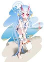 Rule 34 | 1girl, absurdres, beach, blue archive, blue hair, braid, chise (blue archive), chise (swimsuit) (blue archive), crab, flower, hair between eyes, hair flower, hair ornament, halo, highres, horns, le spectre, long hair, oni horns, sand, side ponytail, swimsuit