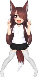 Rule 34 | 1girl, 2kaze, absurdres, animal ears, black skirt, blush, breasts, brown eyes, brown hair, brown tail, child, collar, dot nose, double v, double w, fang, female focus, full body, grey thighhighs, highres, kitsune, legs apart, long hair, shirt, simple background, skirt, small breasts, smile, solo, standing, tail, tail plug, tareme, tayou (character), thighhighs, transparent background, v, w, white background, white shirt, wolf ears, wolf girl, wolf tail