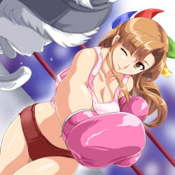Rule 34 | 1girl, 95-tan, anime reference, arena, bow, boxing, boxing gloves, boxing ring, breasts, briefs, brown eyes, brown hair, buruma, cleavage, faceless, faceless male, foreshortening, hair bow, long hair, male underwear, midriff, navel, one eye closed, os-tan, punching, solo, solo focus, tank top, toushi ryoku, underwear, wink