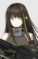 Rule 34 | 1girl, absurdres, assault rifle, breasts, brown eyes, brown hair, expressionless, girls&#039; frontline, gun, highres, holding, holding weapon, jiafei2o3, large breasts, long hair, looking at viewer, m4 carbine, m4a1 (girls&#039; frontline), m4a1 (mod3) (girls&#039; frontline), mask, mask around neck, mod3 (girls&#039; frontline), multicolored hair, rifle, solo, sweater, weapon