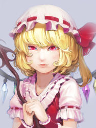 Rule 34 | 1girl, blonde hair, fang, flandre scarlet, hat, hat ribbon, laevatein, ninny-world, puffy short sleeves, puffy sleeves, red eyes, ribbon, short sleeves, simple background, slit pupils, solo, touhou, vampire