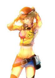 Rule 34 | 10s, 1girl, ;d, arms up, baseball cap, belt, belt pouch, bikini, bikini top only, black gloves, black thighhighs, blonde hair, breasts, cidney aurum, cleavage, cowboy shot, cropped jacket, denim, denim shorts, dirty, dirty face, final fantasy, final fantasy xv, furisode (pixilvina), gloves, goggles, goggles around neck, green eyes, hat, highres, lips, midriff, multiple belts, navel, one eye closed, open mouth, pouch, short hair, short shorts, shorts, smile, solo, swimsuit, thighhighs, wrench