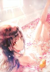 Rule 34 | 1girl, :o, absurdres, afloat, bath, bathing, bathtub, blush, breasts, brown eyes, brown hair, day, from behind, highres, hiten (hitenkei), indoors, knees up, leg up, light rays, long hair, looking at viewer, looking back, medium breasts, nude, original, parted lips, partially submerged, petals, petals on liquid, rubber duck, sano mana, solo, sunlight, water, wet, wet hair, window