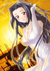 Rule 34 | 00s, 1girl, black hair, breasts, choker, cleavage, dress, dutch angle, elbow gloves, gloves, idolmaster, idolmaster (classic), idolmaster 1, itsuki sayaka, large breasts, long hair, miura azusa, outdoors, photo background, solo, very long hair, white dress, white gloves