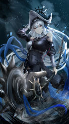 Rule 34 | 1girl, absurdres, arknights, arm up, bare shoulders, belt, between breasts, black dress, black hat, breasts, chainsaw, circular saw, closed mouth, clothing cutout, covered navel, dress, grey hair, hand on headwear, hat, highres, holding, holding weapon, large breasts, long hair, long sleeves, looking at viewer, poni (poni arknights), red eyes, saw, shoulder cutout, solo, specter (arknights), specter the unchained (arknights), standing, strap between breasts, very long hair, water, weapon