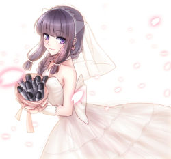 Rule 34 | 10s, 1girl, bad id, bad pixiv id, bare shoulders, bouquet, braid, bridal veil, bride, dress, elbow gloves, flower, gloves, hair over shoulder, highres, kantai collection, kitakami (kancolle), long hair, meaomao, purple eyes, simple background, single braid, smile, solo, torpedo, veil, wedding dress