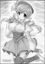 Rule 34 | 10s, 1girl, beret, blush, breasts, corset, covered erect nipples, drill hair, female focus, graphite (medium), greyscale, hat, high heels, large breasts, looking at viewer, magical girl, mahou shoujo madoka magica, mahou shoujo madoka magica (anime), monochrome, nightmare77zx, skirt, smile, solo, standing, standing on one leg, striped clothes, striped thighhighs, thighhighs, tomoe mami, traditional media, twin drills, vertical-striped clothes, vertical-striped thighhighs
