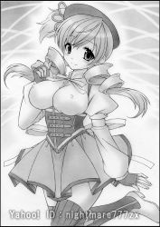 10s 1girl beret blush breasts corset covered_erect_nipples drill_hair female_focus graphite_(medium) greyscale hat high_heels large_breasts looking_at_viewer magical_girl mahou_shoujo_madoka_magica mahou_shoujo_madoka_magica_(anime) monochrome nightmare77zx skirt smile solo standing standing_on_one_leg striped_clothes striped_thighhighs thighhighs tomoe_mami tomoe_mami_(magical_girl) traditional_media twin_drills vertical-striped_clothes vertical-striped_thighhighs