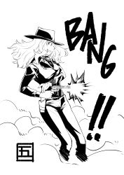 Rule 34 | !, !!, 10s, 1girl, absurdres, artist name, commentary, cowboy shot, firing, from side, girls und panzer, goshaku tama, greyscale, grin, gun, handgun, highres, holster, jacket, kay (girls und panzer), long hair, long sleeves, monochrome, motion blur, one-hour drawing challenge, sound effects, pants, revolver, signature, smile, smoke, solo, standing, the magnificent seven, weapon
