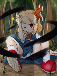 Rule 34 | 1girl, ascot, bandages, blonde hair, child, female focus, forest, hair ribbon, nature, nori nori ex, one eye closed, panties, red eyes, ribbon, rumia, short hair, short sleeves, solo, star (symbol), tears, touhou, tree, underwear, white panties, wince, wink