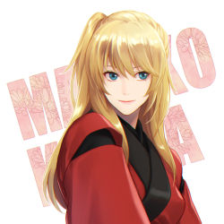 Rule 34 | 1girl, blonde hair, blue eyes, character name, closed mouth, cma cmakuma, gintama, hair between eyes, japanese clothes, kijima matako, kimono, long hair, looking to the side, red kimono, side ponytail, smile, solo, upper body, white background